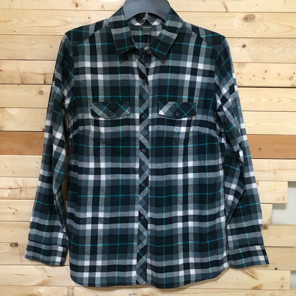 Eddie Bauer NWT Women’s Green Plaid Button Up Long Sleeve Top Shirt size S